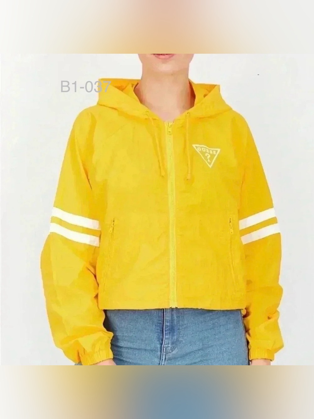 Women Sport Fit Hooded Long Sleeve Embroidered Logo Jacket, Yellow Size XL